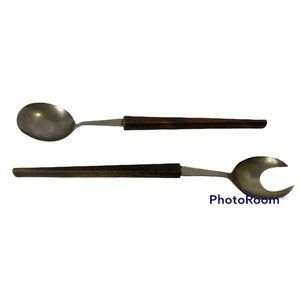 Vintage Wood Handle Salad Servers Stainless Steel Japan Spork Fork Spoon 9.5”